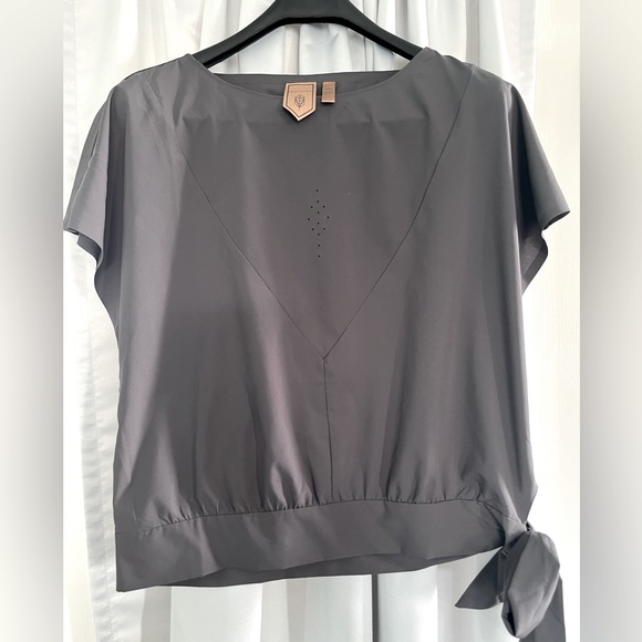 Ladies side tie crop blouse , charcoal grey laser cut design front - Picture 1 of 3